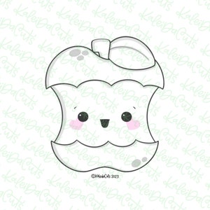 May include: A black and white line drawing of a cartoon apple with a bite taken out of it. The apple has a smiling face with large eyes and rosy cheeks. The text "KaleidaCuts 2023" is in the lower right corner of the image.