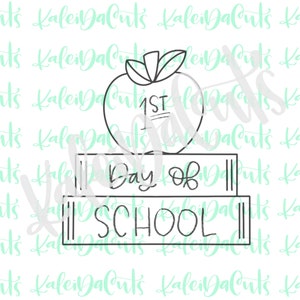 May include: Black and white line art illustration of a red apple with a leaf on top. The apple has the number "1" and the word "ST" written on it. Below the apple are two stacked books with the words "Day of School" written on them.