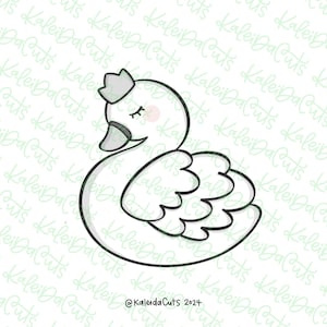 May include: A black and white line drawing of a swan with a crown on its head. The swan is curled up with its head tucked under its wing. The swan is facing the left side of the image.