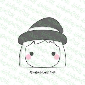May include: A cookie cutter in the shape of a cartoon witch with a gray hat and rosy cheeks. The image includes the text "@KaleidaCuts 2025".