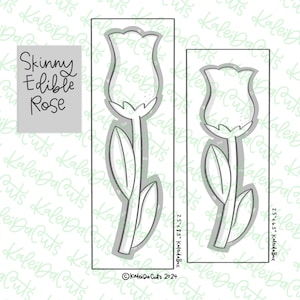 May include: Two cookie cutters in the shape of a skinny edible rose. The larger cutter is 2.5 inches by 1.5 inches and the smaller cutter is 2.5 inches by 0.65 inches. The text "Skinny Edible Rose" is written in black on a white background.