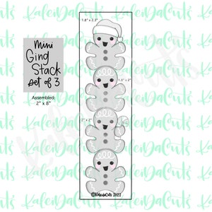 May include: A set of three stacked gingerbread man cookie cutters. The top gingerbread man wears a Santa hat. The assembled size is 2 inches by 8 inches. The text "Mini Ging Stack set of 3" is also present.
