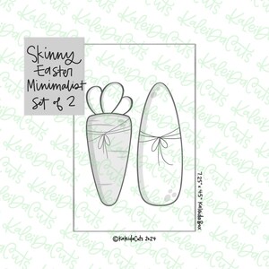 May include: A digital cutting file set of two minimalist Easter designs. The set includes a carrot and an egg, both with a simple bow. The text "Skinny Easter Minimalist Set of 2" is included in the design.