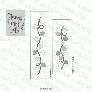 May include: Two digital cutting files for a skinny twinkle light garland. The garland is made up of a string of lights with bulbs in various shades of gray. The file sizes are 2.25 inches by 6.5 inches and 2.25 inches by 8.5 inches.