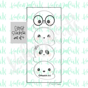 May include: A white ghost stacker set of 4 cookie cutters. The ghosts have different facial expressions and accessories, including glasses and a star. The box is 5" x 12".