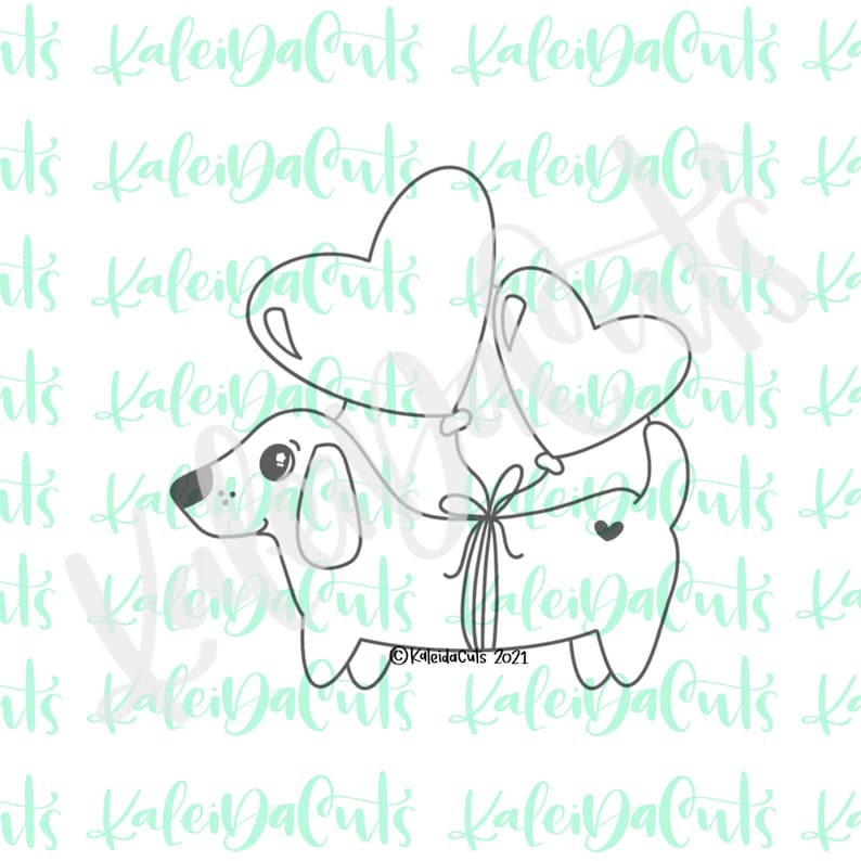 Puede incluir: Un dibujo en blanco y negro de un perro salchicha sosteniendo dos globos en forma de coraz&oacute;n. El perro tiene una expresi&oacute;n linda en su rostro y lleva un lazo.