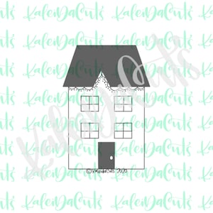 May include: A gray and white house cookie cutter with a scalloped roof and windows. The cookie cutter is designed for making gingerbread houses.