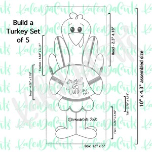 May include: A black and white line art design of a turkey with the words "Dugal Turkey" on its body. The design is divided into five pieces: head, body, feet, tail, and feathers. The design is 10 inches by 4.3 inches when assembled. The design is for a craft project.