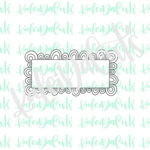 May include: A black and white outline of a decorative frame with a scalloped edge. The frame is rectangular with rounded corners.