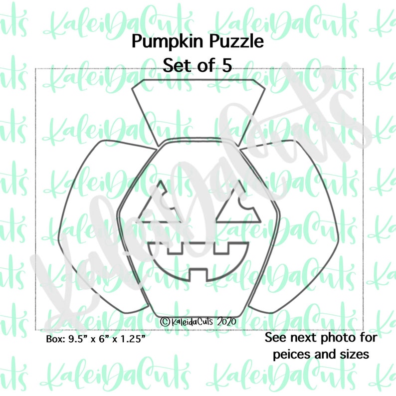 May include: A black and white line drawing of a pumpkin puzzle with a jack-o'-lantern face. The puzzle is made up of five pieces. The text "Pumpkin Puzzle Set of 5" is at the top of the image. The text "Box: 9.5" x 6" x 1.25" is at the bottom left of the image. The text "See next photo for pieces and sizes" is at the bottom right of the image.