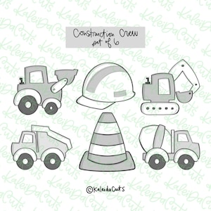 May include: A set of six construction crew cookie cutters, including a dump truck, excavator, cement mixer, hard hat, traffic cone, and a smaller truck. The cutters are gray and white.
