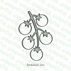 May include: A cookie cutter in the shape of a cluster of tomatoes on a vine. The tomatoes are round with star-shaped tops, and the vine is a simple, stylized design. The text "Kaleida Cuts 2026" is at the bottom.