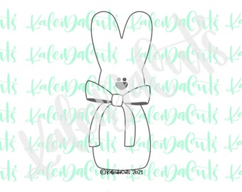 May include: A black and white outline of a bunny wearing a bow tie. The bunny is standing upright with its ears up. The image is on a white background with a light green pattern.