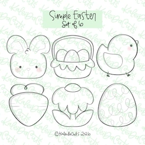 May include: A set of six simple Easter-themed cookie cutters. The shapes include a bunny, a basket with eggs, a chick, a carrot, a flower, and an egg with a swirl design. The text "Simple Easter Set of 6" is at the top.