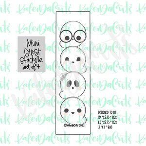 May include: A set of four mini ghost cookie cutters, designed to fit 10" x 2.75" boxes, 8.5" x 2.75" boxes, and 3" x 11" bags. The cutters feature different ghost expressions, including one with glasses, one with a skull, and two with simple eyes.