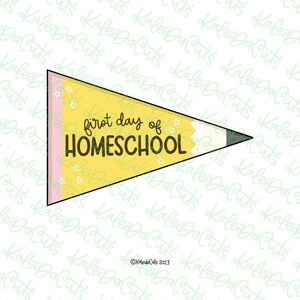 May include: A yellow pencil-shaped banner with the text "first day of HOMESCHOOL" in black. The banner has a pink border and is decorated with white stars. The pencil tip is gray, and the eraser is white. The banner is for back-to-school or homeschooling.