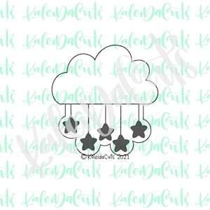 May include: A black and white outline of a cloud with five stars hanging from it. The stars are connected to the cloud by lines. The text "KaleidaCuts 2021" is at the bottom of the image.