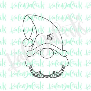 May include: A black and white line art illustration of a gnome with a pointed hat and a beard. The gnome is wearing a hat with a patch on it.