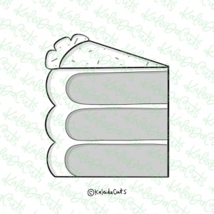 May include: A gray and white illustration of a slice of cake with three layers. The cake has a white frosting and a decorative swirl on top.