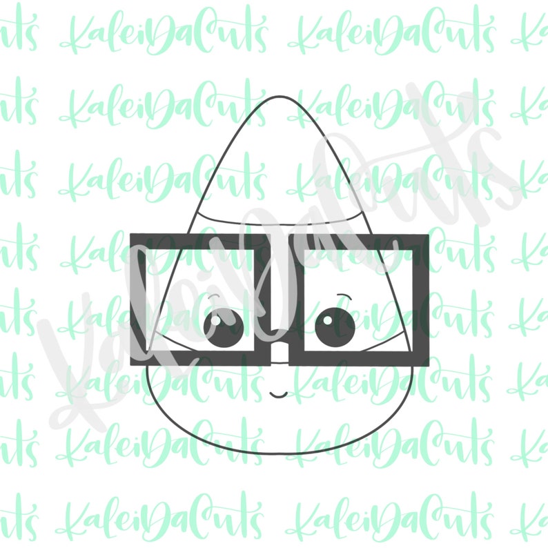 May include: A black and white line drawing of a candy corn wearing glasses. The candy corn has a smiling face and large eyes.