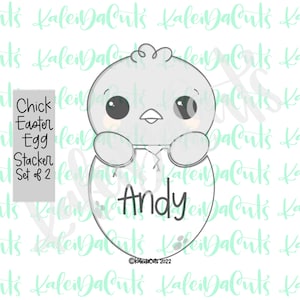 May include: A gray chick cookie cutter with the text "Andy" inside an egg. The text "Chick Easter Egg Stacker Set of 2" is on the left side of the image. The design is for Easter.