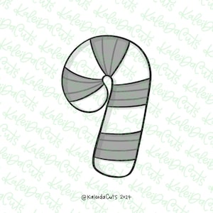 May include: A white and gray candy cane with red stripes. The candy cane is drawn in a cartoon style.