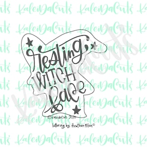 May include: A black and white silhouette of a witch's face with a witch's hat. The text "resting witch face" is written in a stylized font.