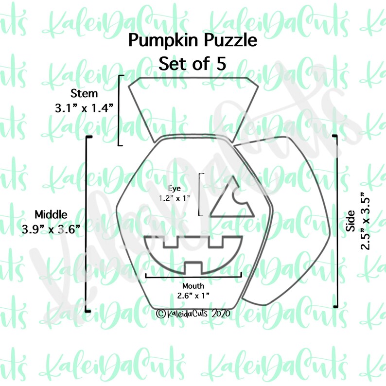 May include: A black and white line drawing of a pumpkin puzzle with five pieces. The pieces are labeled "Stem", "Middle", "Side", "Eye", and "Mouth". The measurements of each piece are included in inches.