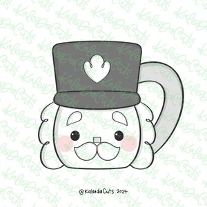 May include: A white and gray cartoon nutcracker cookie cutter with a black hat and a white heart on the hat. The cookie cutter has a mustache and rosy cheeks.