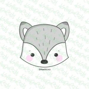 May include: A gray fox face with pink cheeks and black nose. The fox is looking directly at the viewer.