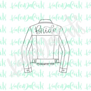 May include: Line drawing of a denim jacket with the word "Bride" across the back. The jacket has a collar, button details, and long sleeves. The image is a digital illustration.