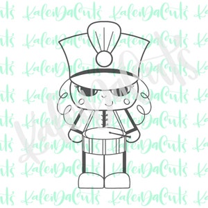 May include: A black and white line drawing of a cartoon drummer with a hat and a drum. The drummer is smiling and has a large, round head.