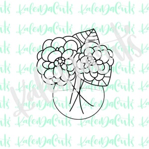 May include: Black and white line art illustration of a bouquet of flowers in a vase. The flowers have multiple petals and are arranged in a vase with a round base.