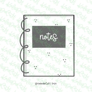 May include: A black and white illustration of a spiral bound notebook with the word "notes" written in white on a gray rectangle. The notebook is on a white background with a pattern of gray dots.