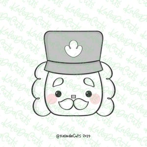 May include: A white gingerbread cookie with a gray hat and a white feather. The cookie has a smiling face with black eyes, a black mustache, and pink cheeks.