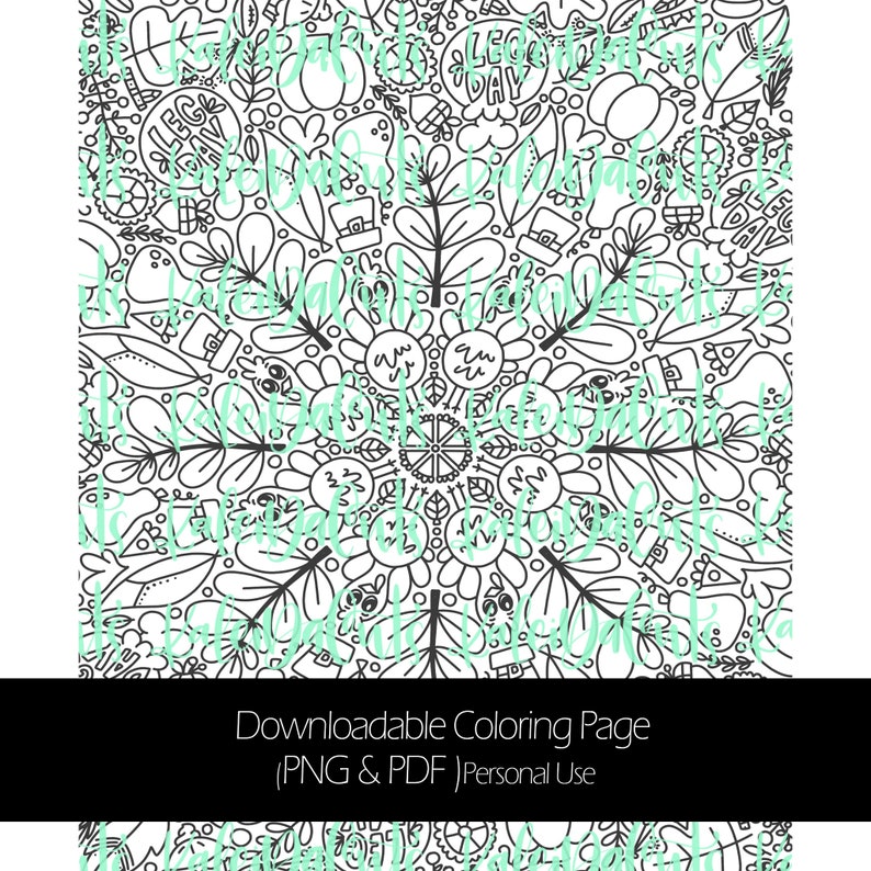 May include: Black and white printable coloring page featuring a mandala design with a variety of images including leaves, pumpkins, and the text "Leg Day".