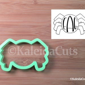 May include: A green plastic cookie cutter shaped like a spider with the letters "EAG" inside the spider's body.