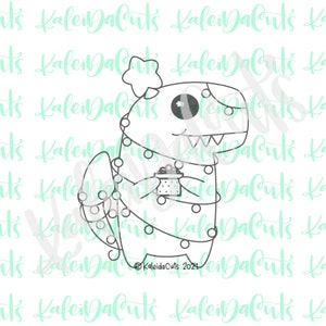 May include: A black and white line drawing of a dinosaur wearing a Christmas light garland and holding a gift box. The dinosaur has a star on its head and a big smile.