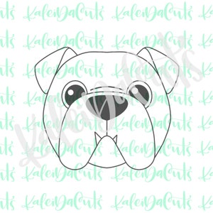 May include: A black and white line drawing of a bulldog's face. The bulldog has large, round eyes and a small, black nose.