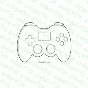 May include: A black and white outline drawing of a video game controller. The controller has a directional pad, four buttons, and two triggers.
