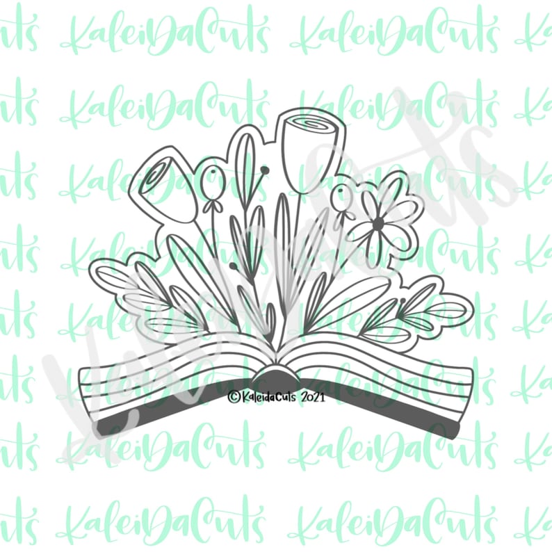 May include: A black and white line art design of a book with flowers growing out of it. The book is open and the flowers are in bloom. The text "Kaleida Cuts 2021" is at the bottom of the image.