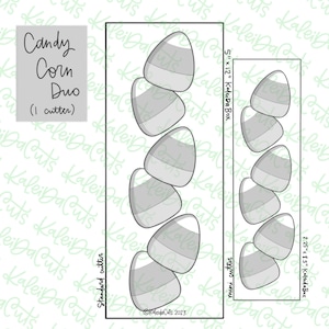 May include: A black and white image shows a candy corn duo cookie cutter set. The set includes a standard cutter and a mini cutter. The standard cutter is 5" x 12" and the mini cutter is 2.25" x 4.5". The text "Candy Corn Duo" is in the upper left corner.