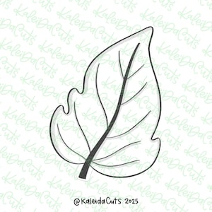 May include: A leaf-shaped cookie cutter with a dark gray stem and veins. The outline of the leaf is also dark gray. The text "@KaleidaCuts 2025" is at the bottom of the image.