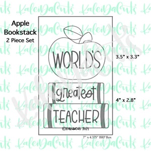 May include: A black and white cookie cutter set for baking. The set includes two cookie cutters: a red apple with the text "WORLD'S" and a stack of books with the text "greatest TEACHER".