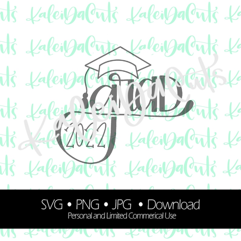 May include: A gray and white graduation design with the word "Grad" and the year "2022" in a circle. The design includes a graduation cap.