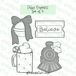 May include: Set of four Polar Express themed cookie cutters. Includes a Christmas ornament with a bow, a ticket that says "Believe", a mug of hot chocolate with a candy cane, and a train.