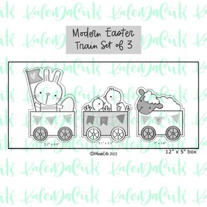 May include: A set of three cookie cutters shaped like a train with an Easter bunny, chicks, and a lamb. The bunny is holding a heart-shaped flag. The train cars are decorated with bunting. The cookie cutters are 3.2 inches by 4.6 inches, 3.1 inches by 3.5 inches, and 3 inches by 3.4 inches. The set is 12 inches by 5 inches.