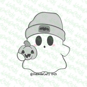 May include: A cute cartoon ghost wearing a gray beanie with a bat emblem and holding a gray pumpkin. The ghost has large black eyes and rosy cheeks. The image includes the text "@Kaleida Cuts 2025".