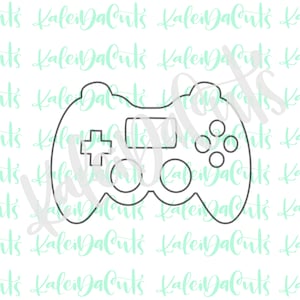 May include: A black and white outline of a video game controller. The controller has a directional pad, four buttons, and a start button.