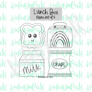 May include: A set of four black and white cookie cutters shaped like a sandwich, a lunchbox with a rainbow, a milk carton, and a bag of chips. The text "Lunch Box" and "mini set of 4" is above the cutters. The text "milk" is on the milk carton and the text "chips" is on the bag of chips.